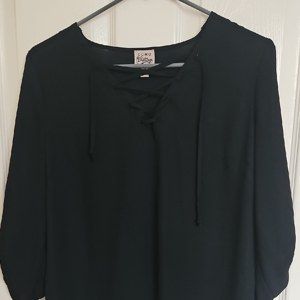 Como Vintage Women's Black Lace-Up Blouse